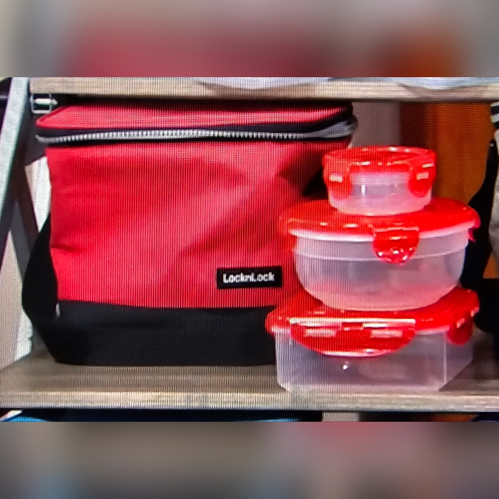 LocknLock Red Insulated Lunch Bag and 3 Pc. Matching Container Set. Never Used.